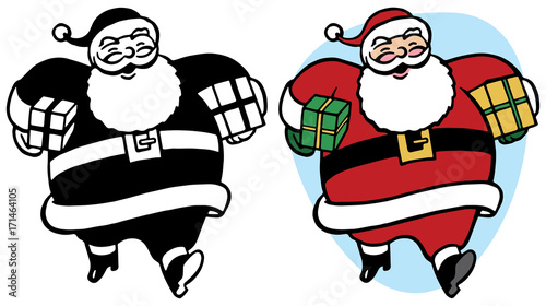 Santa Claus carrying Christmas presents under each arm.