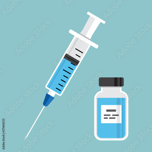 Syringe with blue vaccine, vial of medicine on green background. Vector illustration photo