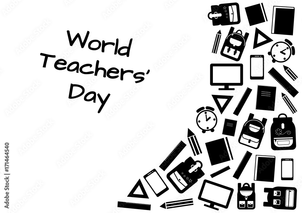 World Teachers' Day. White background with black school supplies, vector illustration