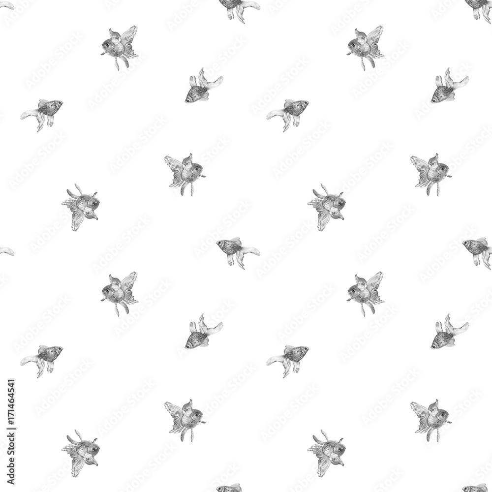 Vector seamless pattern with goldfish isolated on white background drawn by hand. Graphic drawing, pointillism technique. Underwater world. Black and white animal illustration Vector seamless pattern with goldfish isolated on white background drawn by hand. Graphic drawing, pointillism technique. Underwater world. Black and white animal illustration