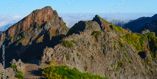 View of mountains on the route Pico Areeiro - Pico Ruivo, Madeira Island, Portugal, Europe.