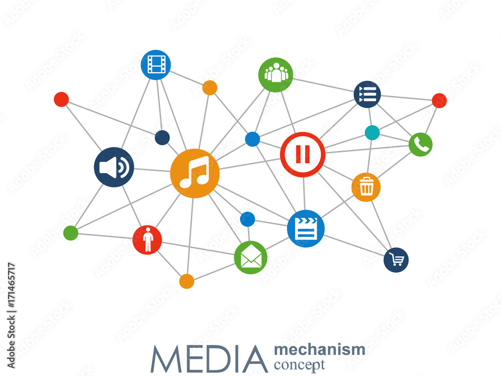 Media mechanism concept. Growth abstract background with integrated meta balls, integrated icon for digital, strategy, internet, network, connect, communicate, technology, global concepts