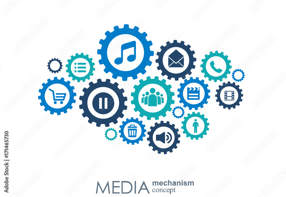 Media mechanism concept. Growth abstract background with integrated meta balls, integrated icon for digital, strategy, internet, network, connect, communicate, technology, global concepts