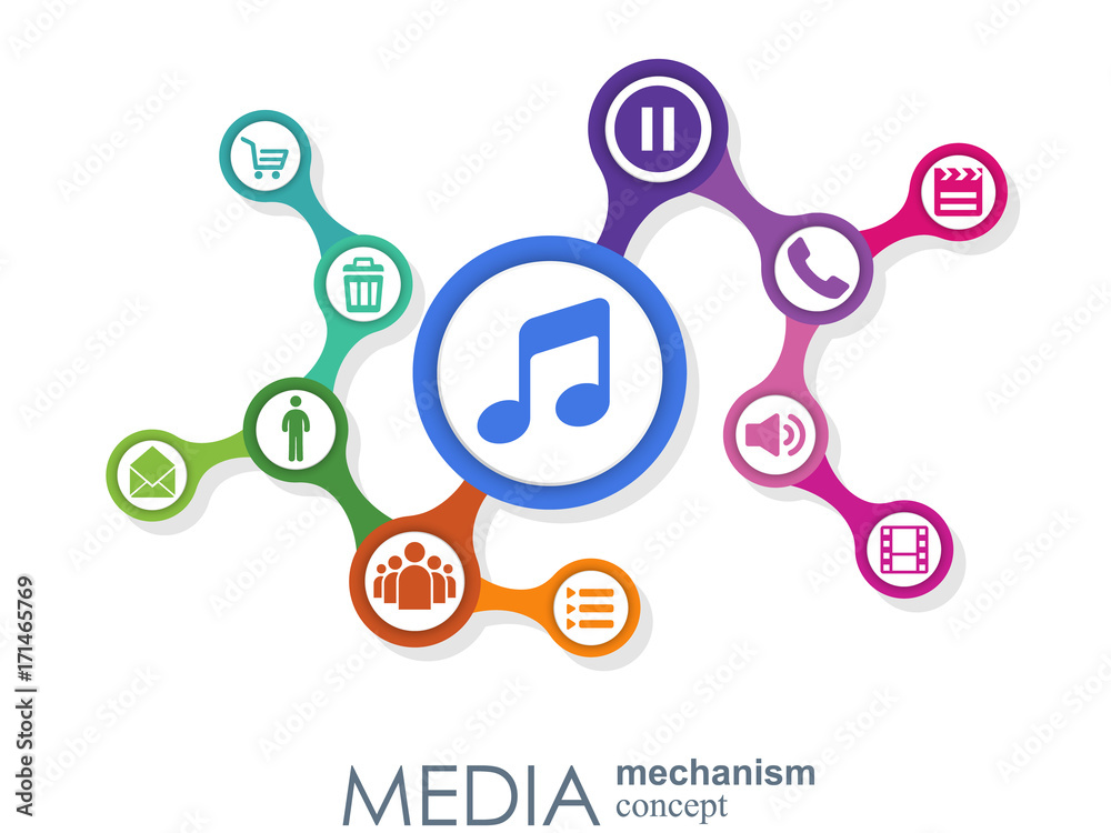 Media mechanism concept. Growth abstract background with integrated meta balls, integrated icon for digital, strategy, internet, network, connect, communicate, technology, global concepts Media mechanism concept. Growth abstract background with integrated meta balls, integrated icon for digital, strategy, internet, network, connect, communicate, technology, global concepts