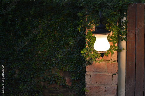 Lamp vintage style  on pole stone brick and blur small green leaf backdrop