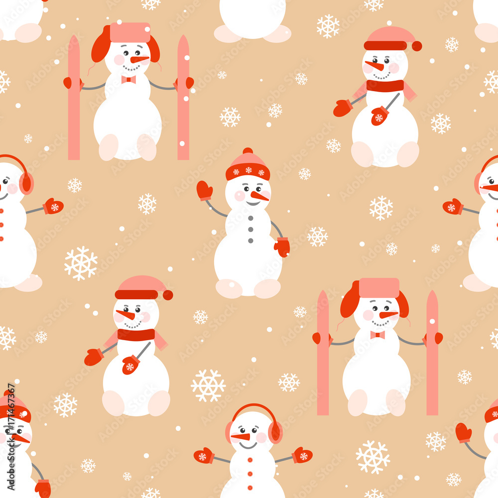 Funny cute snowmen in winter clothes. Seamless pattern.