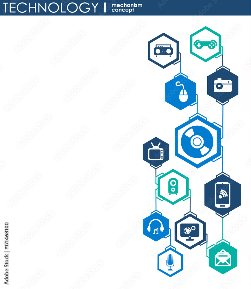 Technology mechanism concept. Abstract background with integrated gears and icons for digital, strategy, internet, network, connect, communicate, social media and global concepts. Vector infographic Technology mechanism concept. Abstract background with integrated gears and icons for digital, strategy, internet, network, connect, communicate, social media and global concepts. Vector infographic