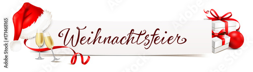 Weihnachtsfeier - Banner mit Sekt, Nikolaus Mütze und Geschenke 