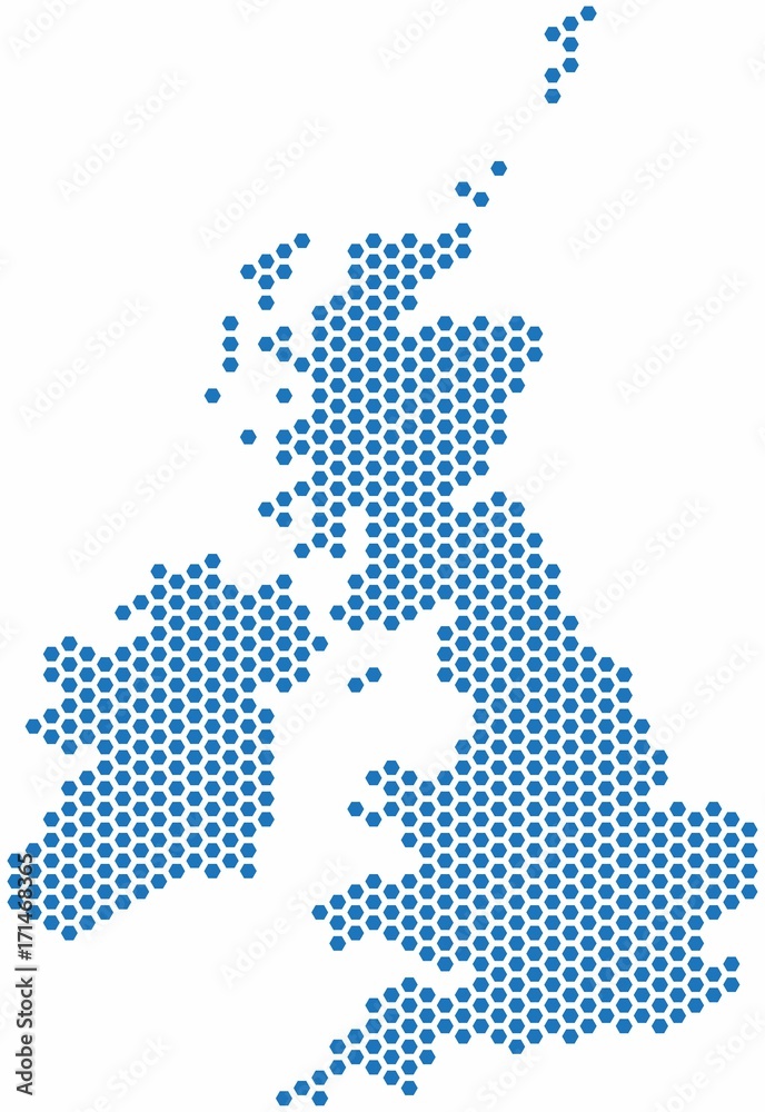 Fototapeta premium Blue hexagon shape United Kingdom map on white background. Vector illustration.