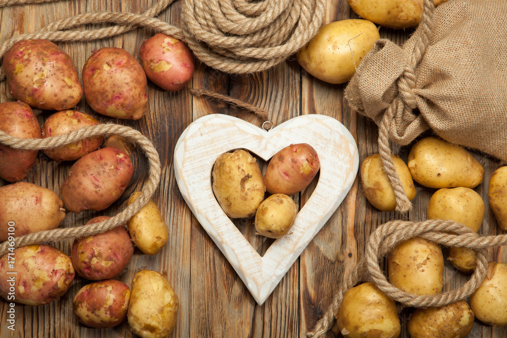 Raw potato food . Fresh potatoes in an old sack on wooden background. Free place for text. Top view Raw potato food . Fresh potatoes in an old sack on wooden background. Free place for text. Top view