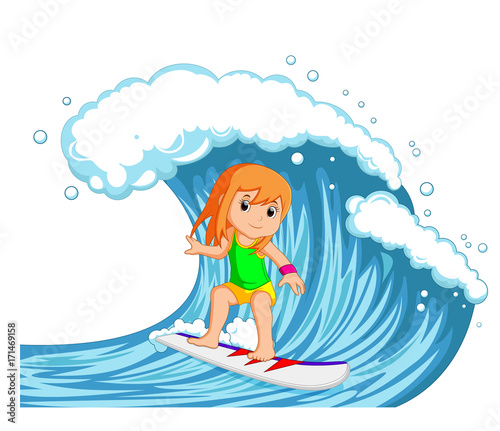 young woman surfing with big wave