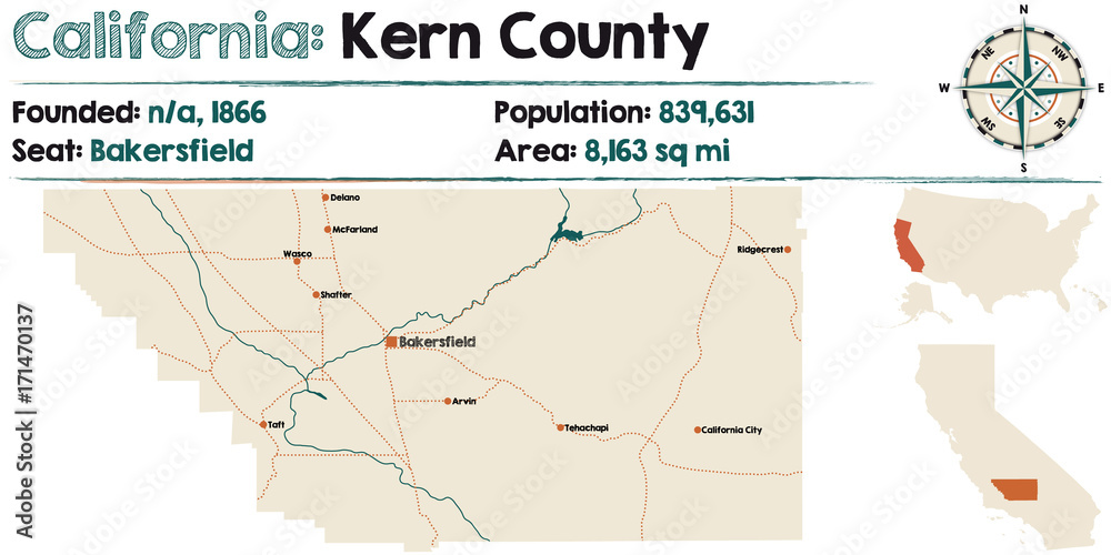 Large and detailed map of California - Kern County. Stock Vector