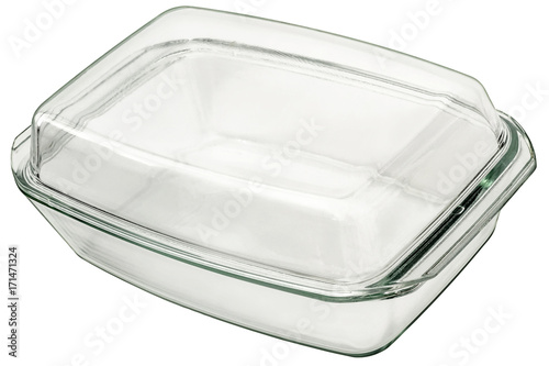 Large Oblong Rectangular Glass Baking Pan With Lid Isolated On White Background