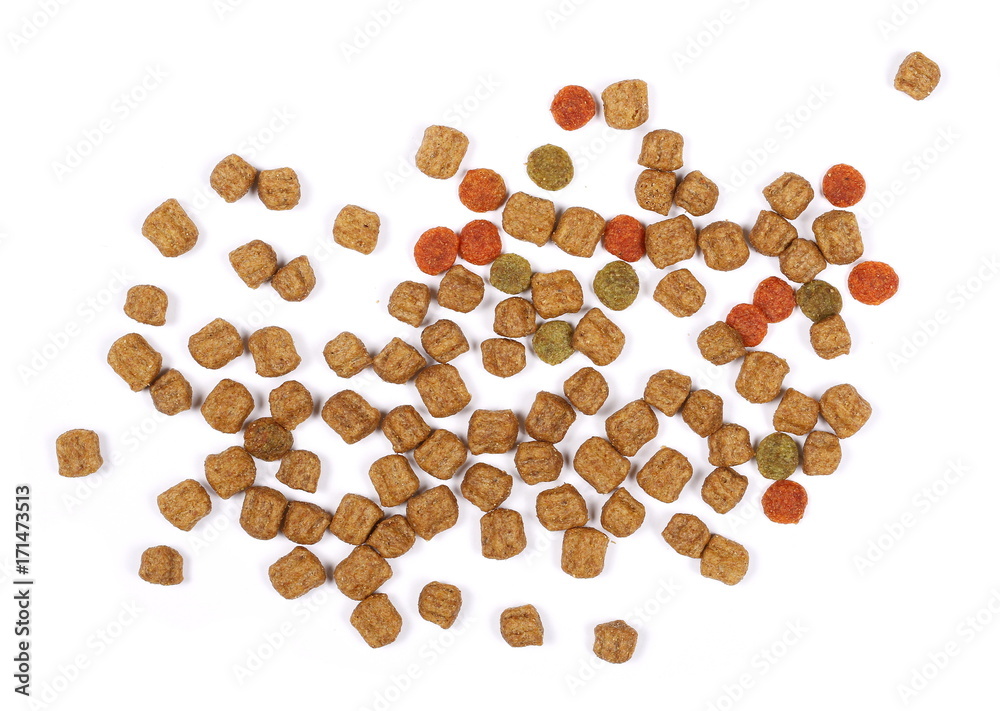 Dry dog food isolated on white background, top view Dry dog food isolated on white background, top view