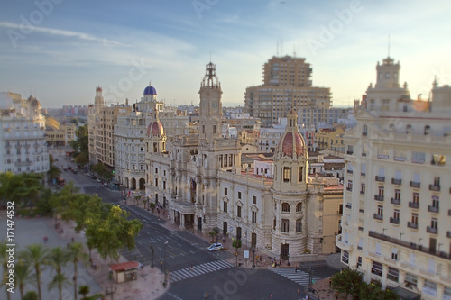 Tilt shift effect in the square of the city hall of Valencia.