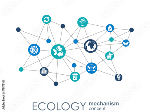 Ecology mechanism concept. Abstract background with connected gears and icons for eco friendly, energy, environment, green, recycle, bio and global concepts. Vector infographic illustration