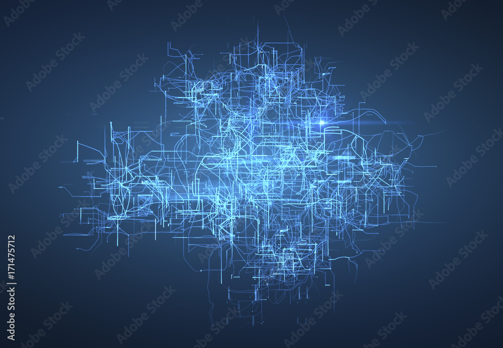 Digital connectivity, artificial intelligence and data storage concept. Glowing electronic circuit board, conductors and neural signals on a dark blue background.