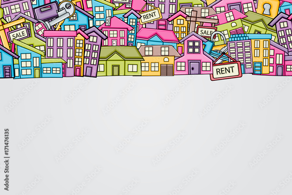 Real estate concept in 3d cartoon doodles background design. Hand drawn colorful vector illustration. Real estate concept in 3d cartoon doodles background design. Hand drawn colorful vector illustration.