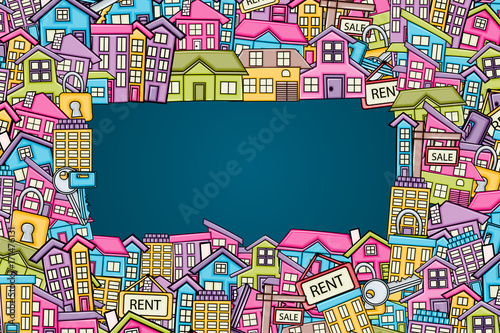 Real estate concept in 3d cartoon doodles background design. Hand drawn colorful vector illustration. © Natalie Adams