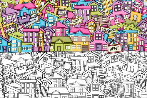 Real estate concept cartoon doodles background design. Hand drawn black and white outline coloring page vector illustration.