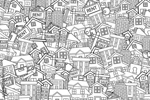 Real estate concept cartoon doodles background design. Hand drawn black and white outline coloring page vector illustration.
