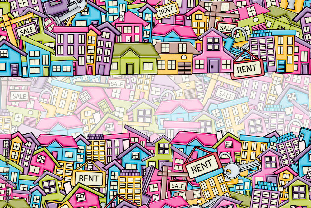 Real estate concept in 3d cartoon doodle background design. Hand drawn colorful vector illustration.