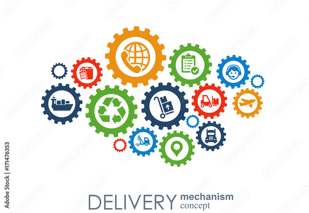 Delivery mechanism concept. Abstract background with connected gears and icons for logistic, service, strategy, shipping, distribution, transport, market, communicate concepts. Vector interactive Delivery mechanism concept. Abstract background with connected gears and icons for logistic, service, strategy, shipping, distribution, transport, market, communicate concepts. Vector interactive