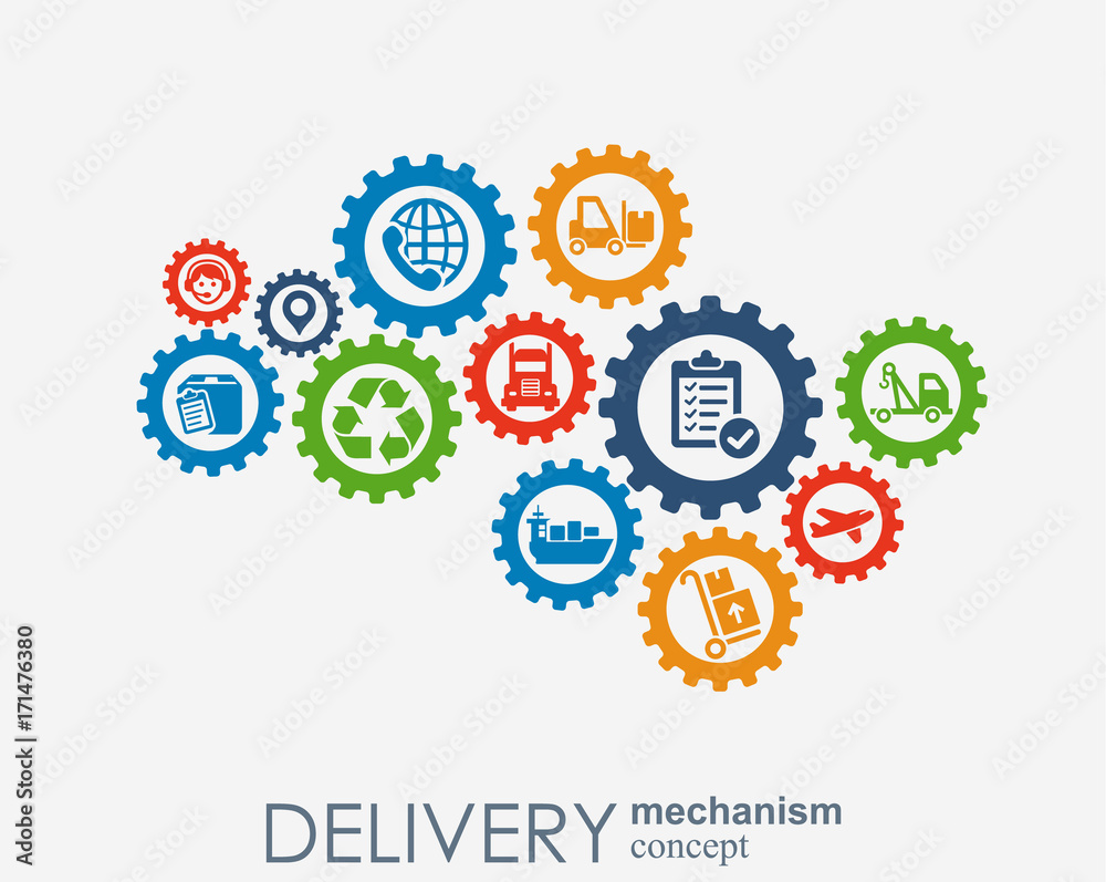 Delivery mechanism concept. Abstract background with connected gears and icons for logistic, service, strategy, shipping, distribution, transport, market, communicate concepts. Vector interactive Delivery mechanism concept. Abstract background with connected gears and icons for logistic, service, strategy, shipping, distribution, transport, market, communicate concepts. Vector interactive