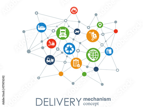 Delivery mechanism concept. Abstract background with connected gears and icons for logistic, service, strategy, shipping, distribution, transport, market, communicate concepts. Vector interactive