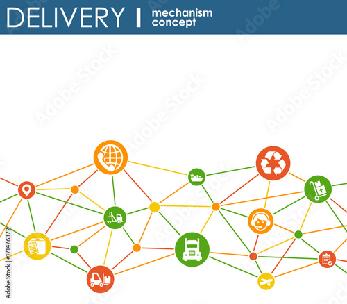 Delivery mechanism concept. Abstract background with connected gears and icons for logistic, service, strategy, shipping, distribution, transport, market, communicate concepts. Vector interactive