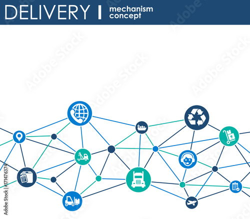 Delivery mechanism concept. Abstract background with connected gears and icons for logistic, service, strategy, shipping, distribution, transport, market, communicate concepts. Vector interactive