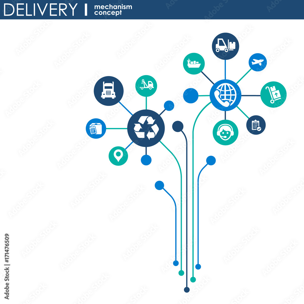Delivery mechanism concept. Abstract background with connected gears and icons for logistic, service, strategy, shipping, distribution, transport, market, communicate concepts. Vector interactive
