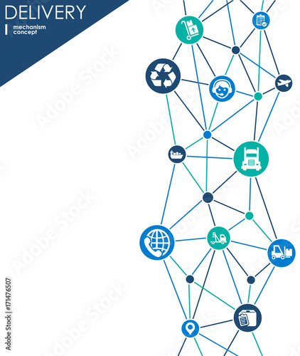 Delivery mechanism concept. Abstract background with connected gears and icons for logistic, service, strategy, shipping, distribution, transport, market, communicate concepts. Vector interactive
