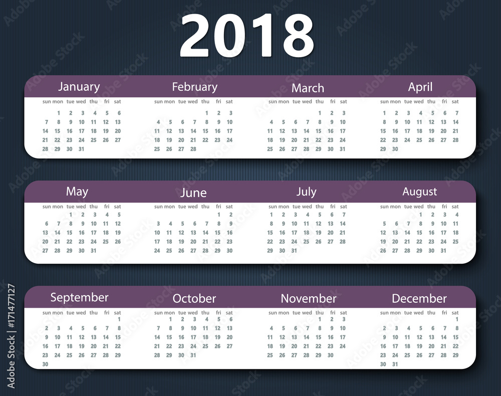 Calendar 2018 year vector design template. Calendar 2018 year vector design template.