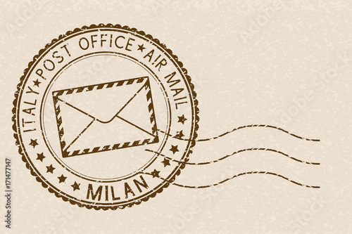 Postal stamp, round brown postmark with envelope icon. Milan, Italy