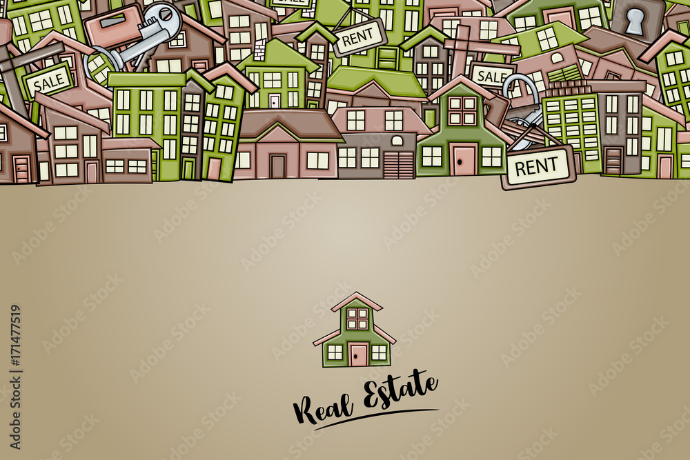 Real estate concept in 3d cartoon doodles background design. Hand drawn colorful vector illustration. Real estate concept in 3d cartoon doodles background design. Hand drawn colorful vector illustration.