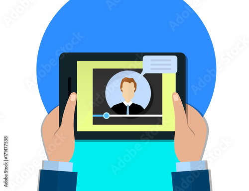 Hands holding tablet with video player on screen, male video blogger concept. flat illustration.