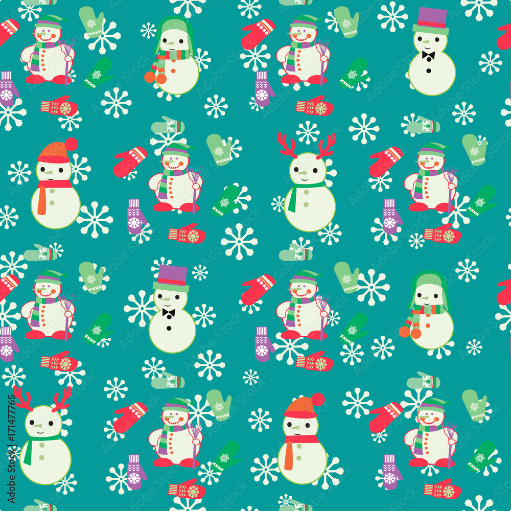 Christmas Seamless Pattern with cute snowmen and mitten.