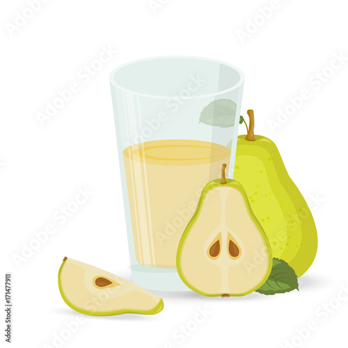 Realistic glass full of juice with cocktail straw and pear fruit isolated on white background