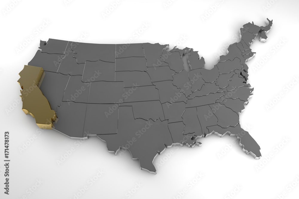 United states of America, 3d metallic map, whith california state highlighted. 3d render