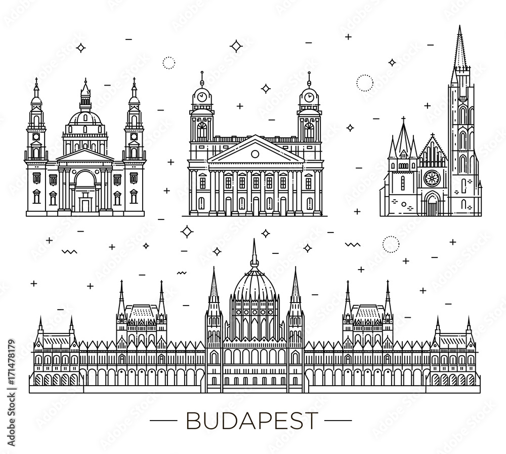 Fototapeta premium Węgierski punkt orientacyjny zabytkowych budynków zestaw ikon cienka linia