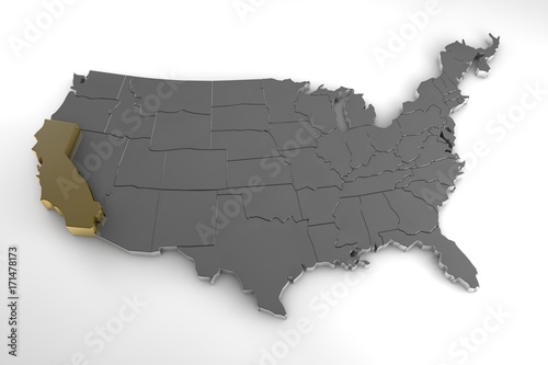 United states of America, 3d metallic map, whith california state highlighted. 3d render