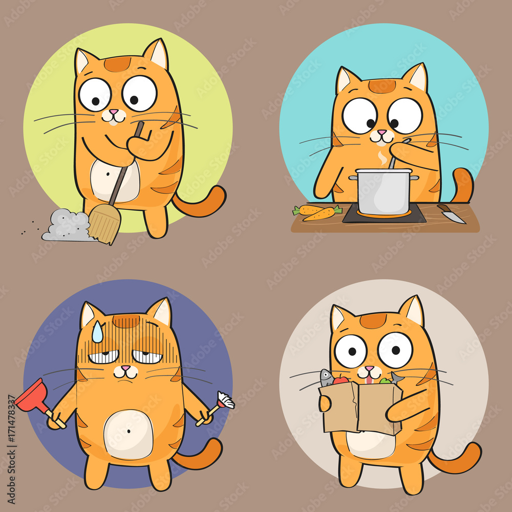 Cute Cat Character doing different housework. Vector illustration