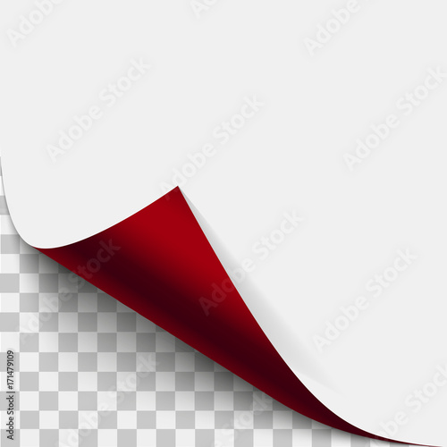 Red page corner peel. Red page curled fold with shadow. Blank sheet of folded sticky paper note. Vector illustration sticker peel for advertising and promotional message isolated on white background