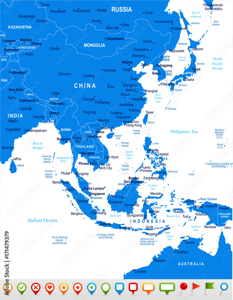 Fototapeta premium Mapa Azji Wschodniej - ilustracji wektorowych
