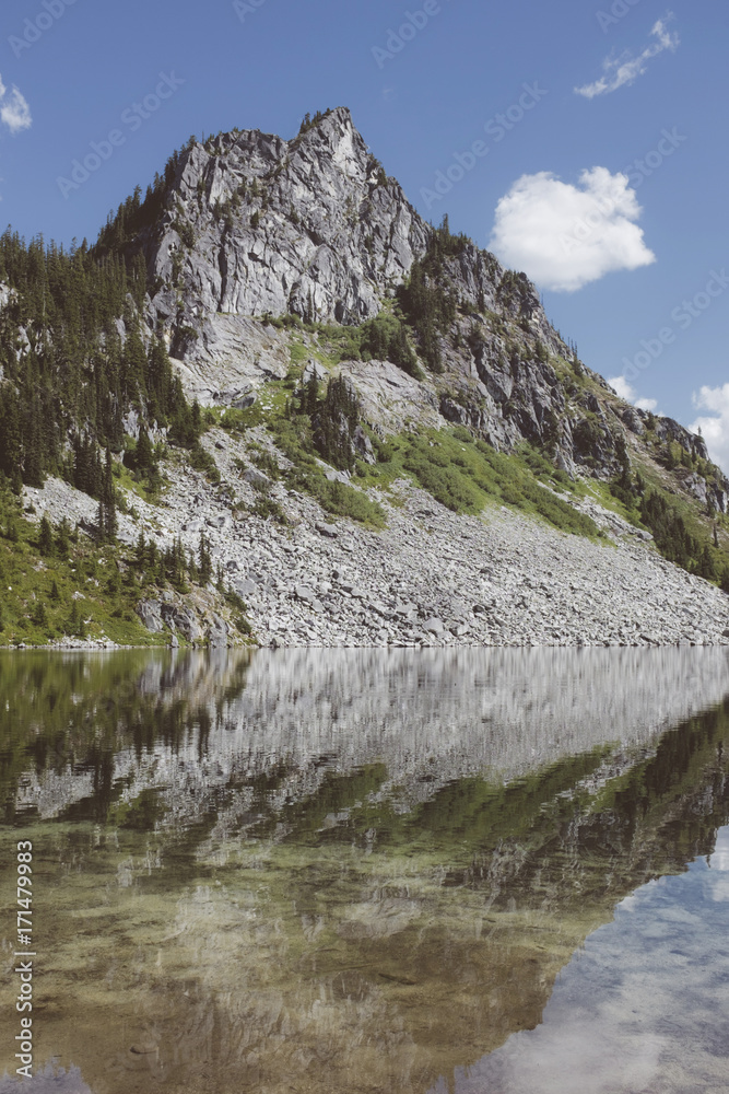 View of alpine lake and reflections, North Cascades, WA View of alpine lake and reflections, North Cascades, WA