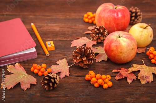 Autumn concept, colorful leaves with pine cones, apples, rowan berries and a notebook on a wooden table. Background.