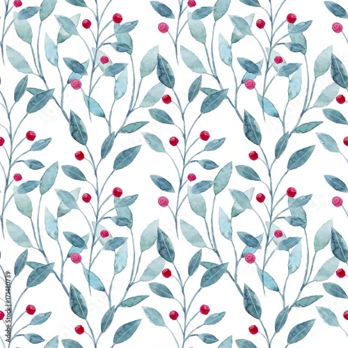 Tapety Akwarela bezszwowe wzór z liści i kwiatów Bożego Narodzenia. Ręcznie rysowane elementy świąteczne
