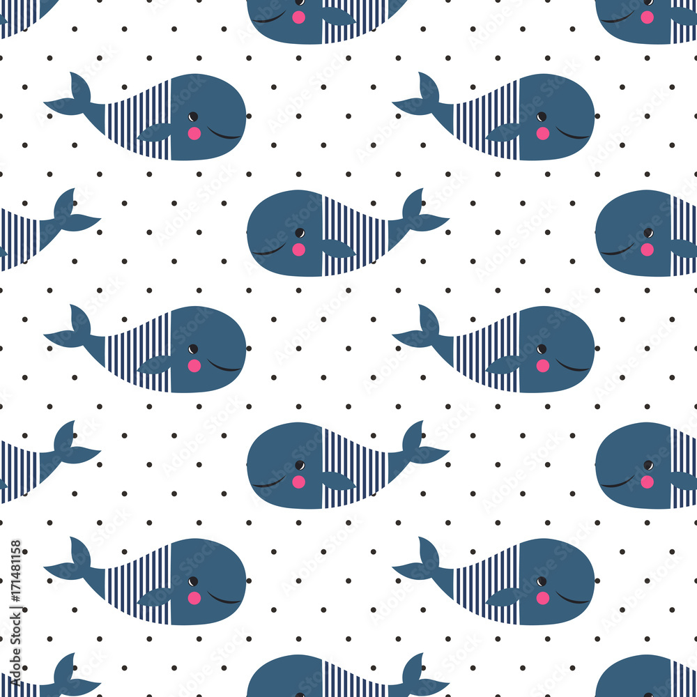 Seamless pattern with cute cartoon whales on polka dots background ...