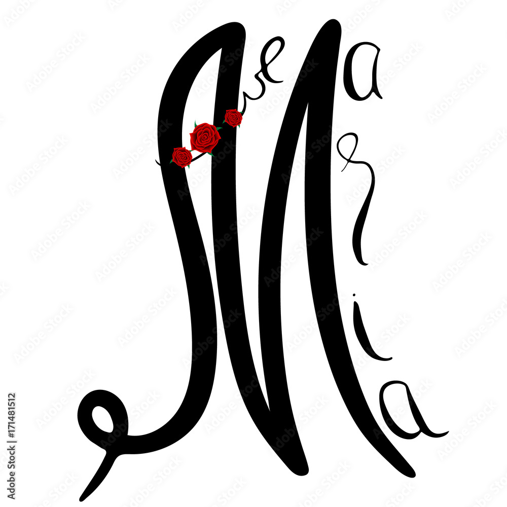 Ave Maria. Handwritten monogram of the name of the Virgin Mary mother of  Christ. Red rose. Vector design. Isolated on white background Stock Vector  | Adobe Stock